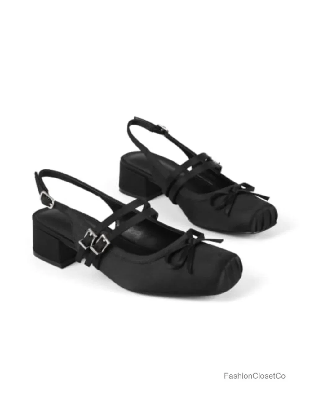 Women's Slingback Ballet Flats Satin Mary Jane Bow Pumps Square Toe